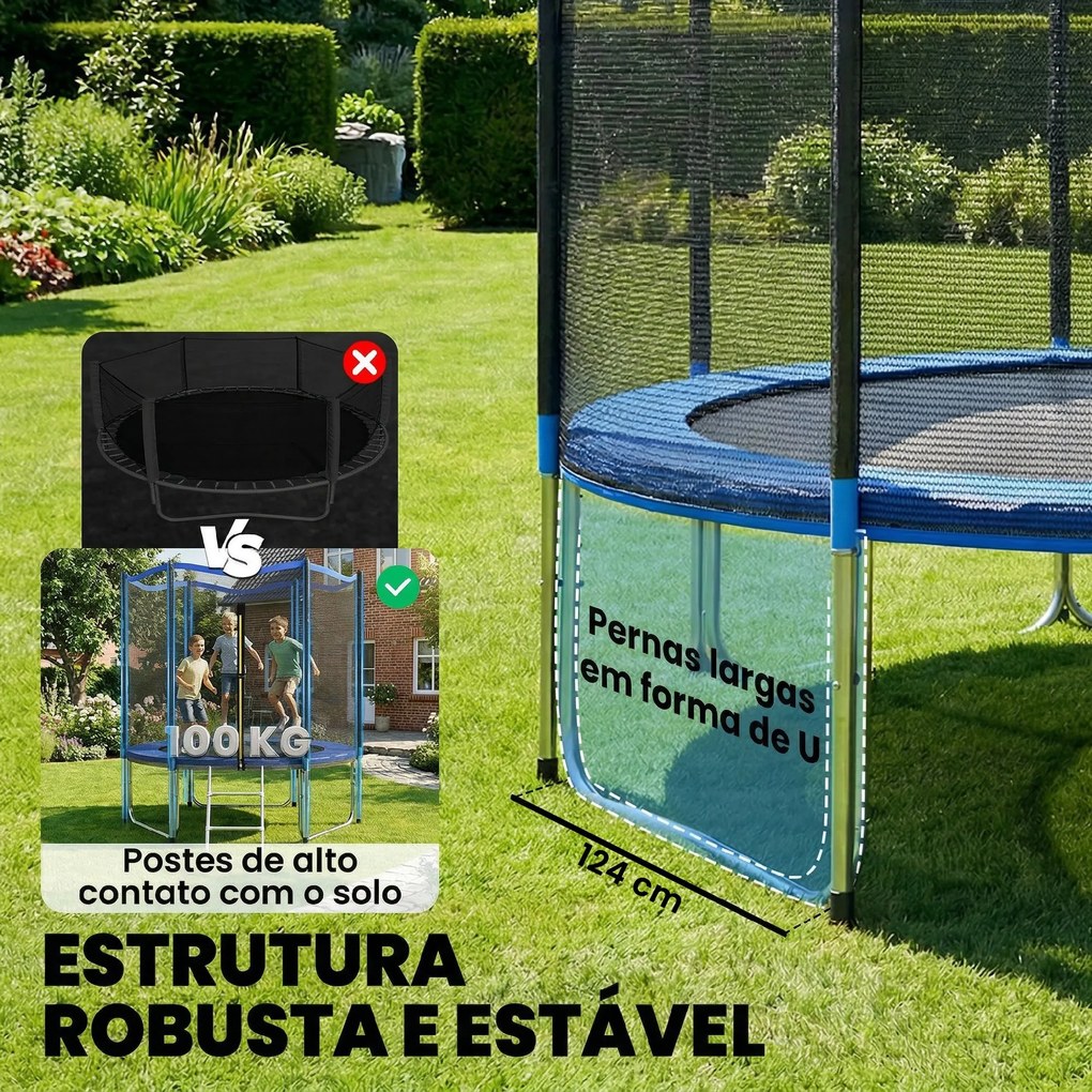 Trampolim para Crianças Exterior Ø244 cm com Rede de Segurança Escada Acolchoamento de Molas Azul