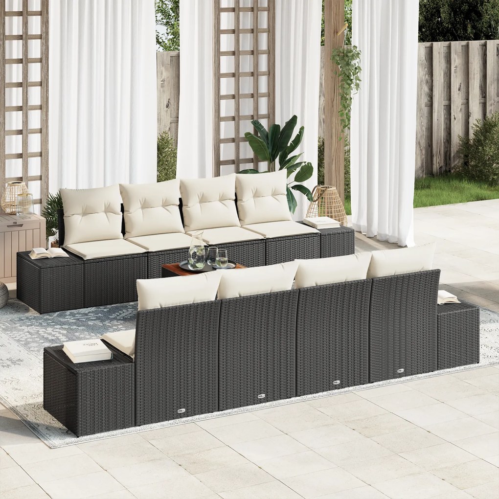 vidaXL Conjunto de Sofás de Jardim de 9 Peças com Almofadas Preto Vime PE Acácia