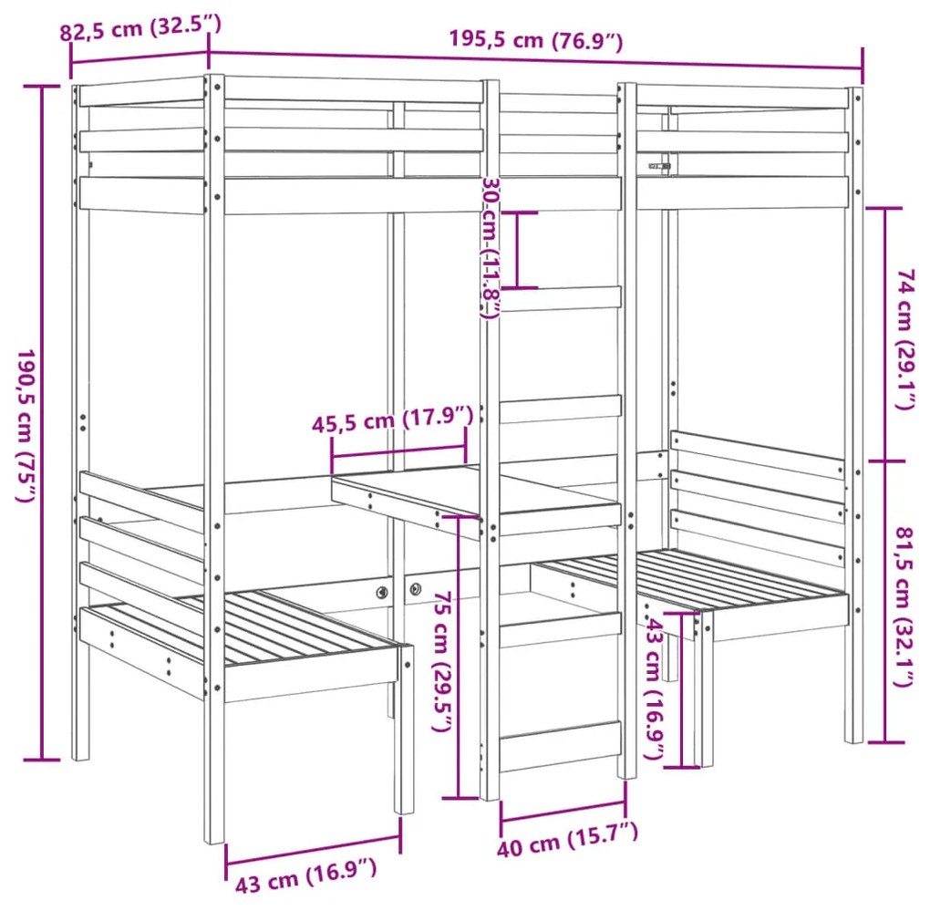 Cama alta c/ secretária/cadeiras 75x190 cm pinho maciço branco