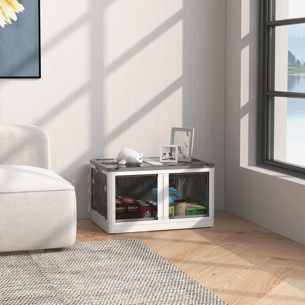 Caixa de arrumação dobrável e empilhável de 99 L em plástico 67 x 47 x 38 cm, com tampa e 4 Rodas, acesso pelos 5 lados, branca