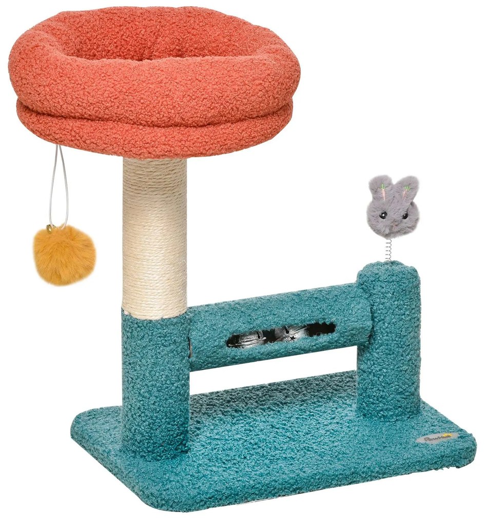 PawHut Arranhador para Gatos Pequenos com Cama Removível Rolo com Sinos Poste Arranhador de Sisal 37x25x45cm Azul e Laranja