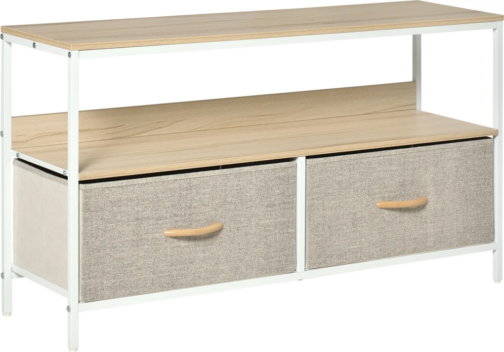 HOMCOM Móvel de TV com Prateleira e 2 Gavetas Dobráveis em Tecido para TV até 47", 98 cm, Natural e Cinzento | Aosom Portugal