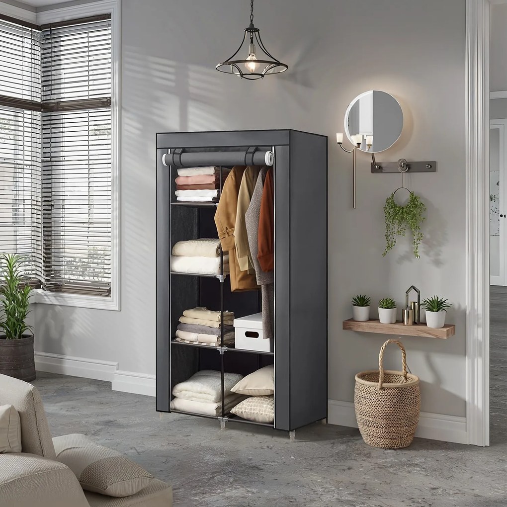 Guarda roupa, 1 varão para cabides, 6 prateleiras 88 x 45 x 168 cm cinzento