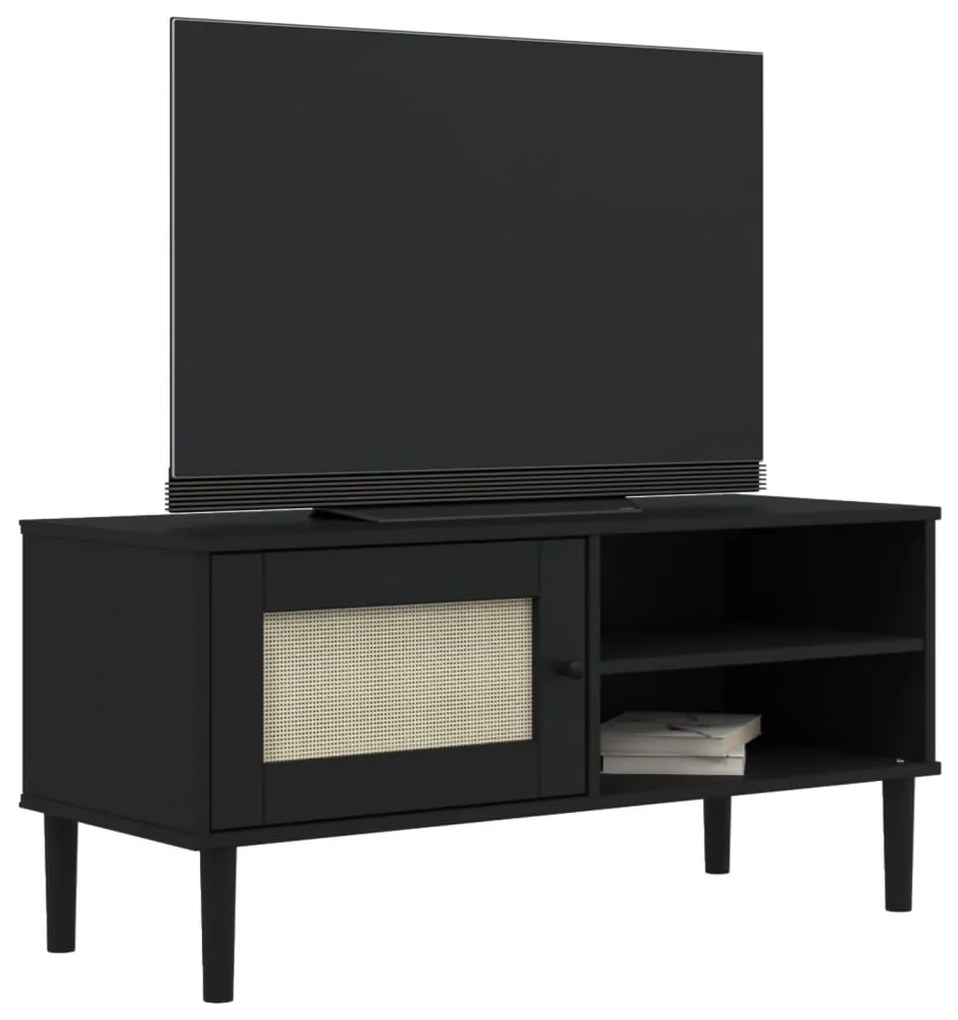 Móvel de TV SENJA aspeto vime 106x40x49 cm pinho maciço preto
