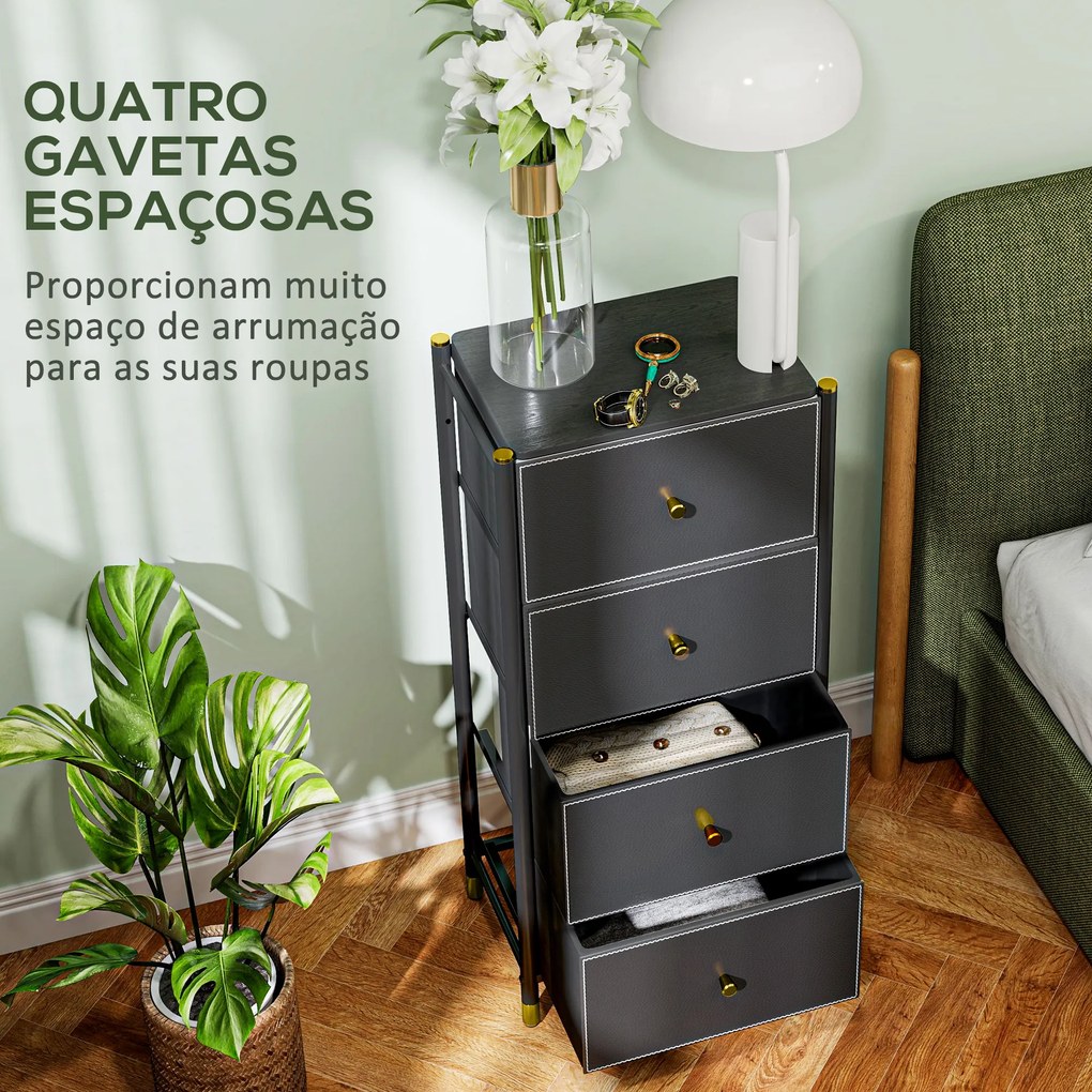 Cómoda para Dormitório Cómoda de Tecido com 4 Gavetas Dobráveis com Frentes de Couro PU 46x30x98 cm Preto