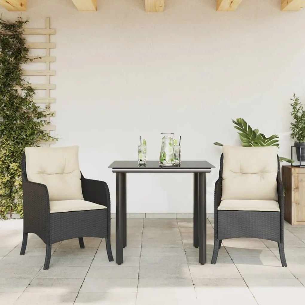 3 pcs conjunto de jantar p/ jardim c/ almofadões vime PE preto