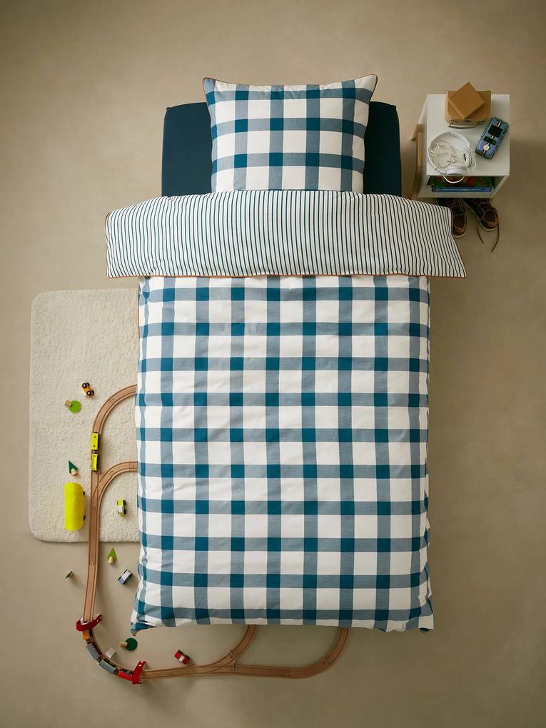 Conjunto capa de edredon + fronha de almofada para criança, Quadrados azul escuro estampado