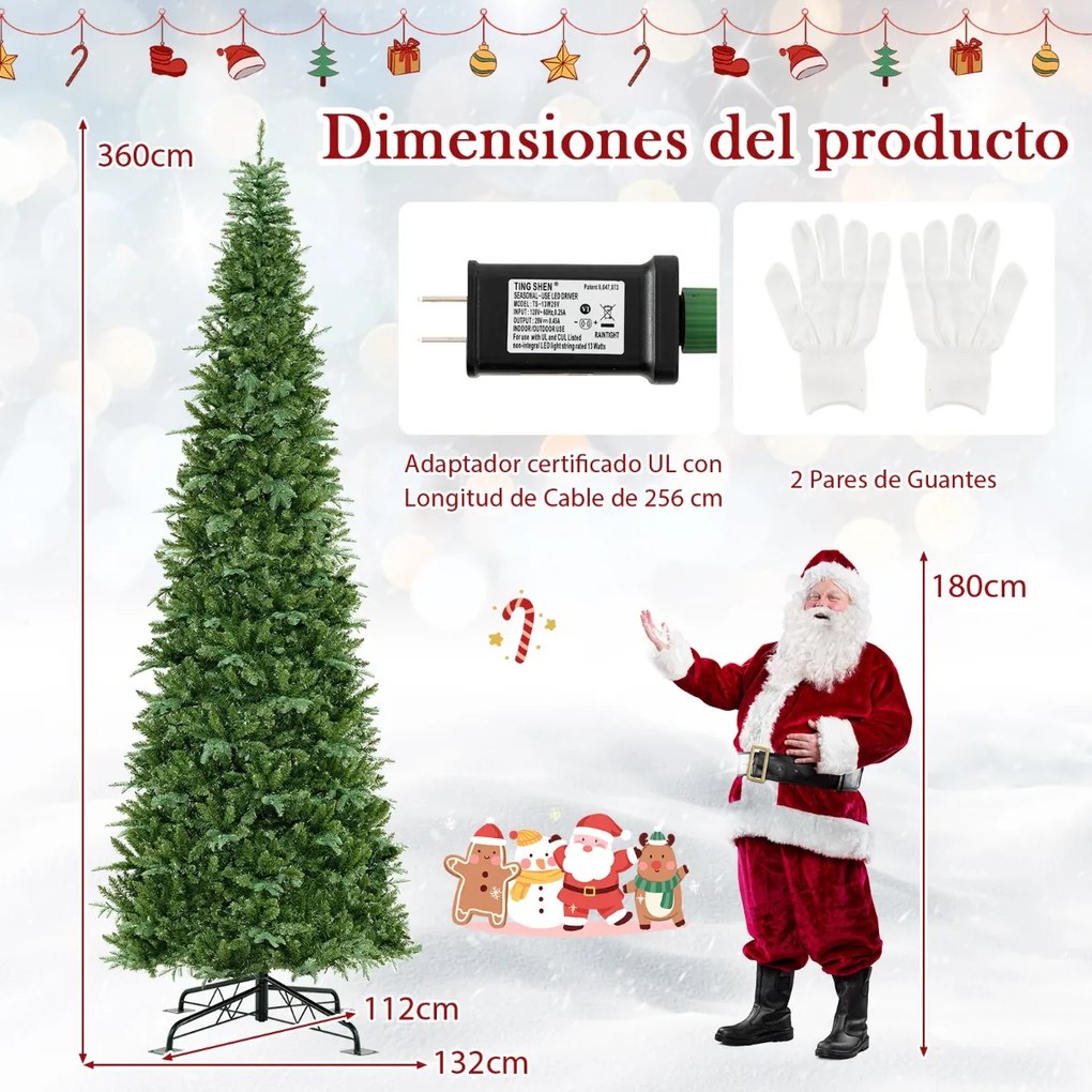 Árvore de Natal artificial de 360 cm com luzes pré-instaladas e conector rápido 2517 pontas de PVC e PE 800 luzes brancas quentes Verde