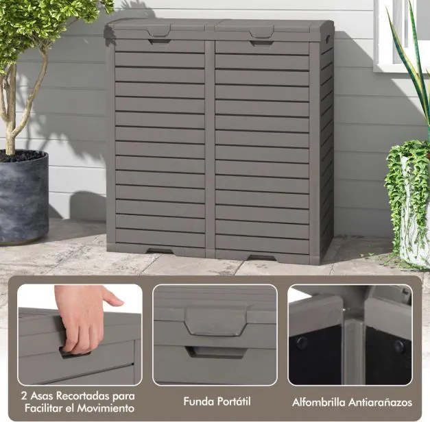 Caixote do lixo exterior 118 L x 2 com tampa dupla impermeável Alça para jardim Pátio Terraço Cozinha Castanho