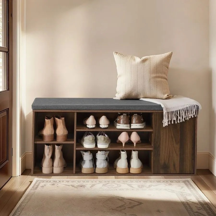Banco para sapatos 30,5 x 104 x 48 cm com espaço de arrumação e compartimentos abertos ajustáveis castanho-noz natural - cinzento ardósia