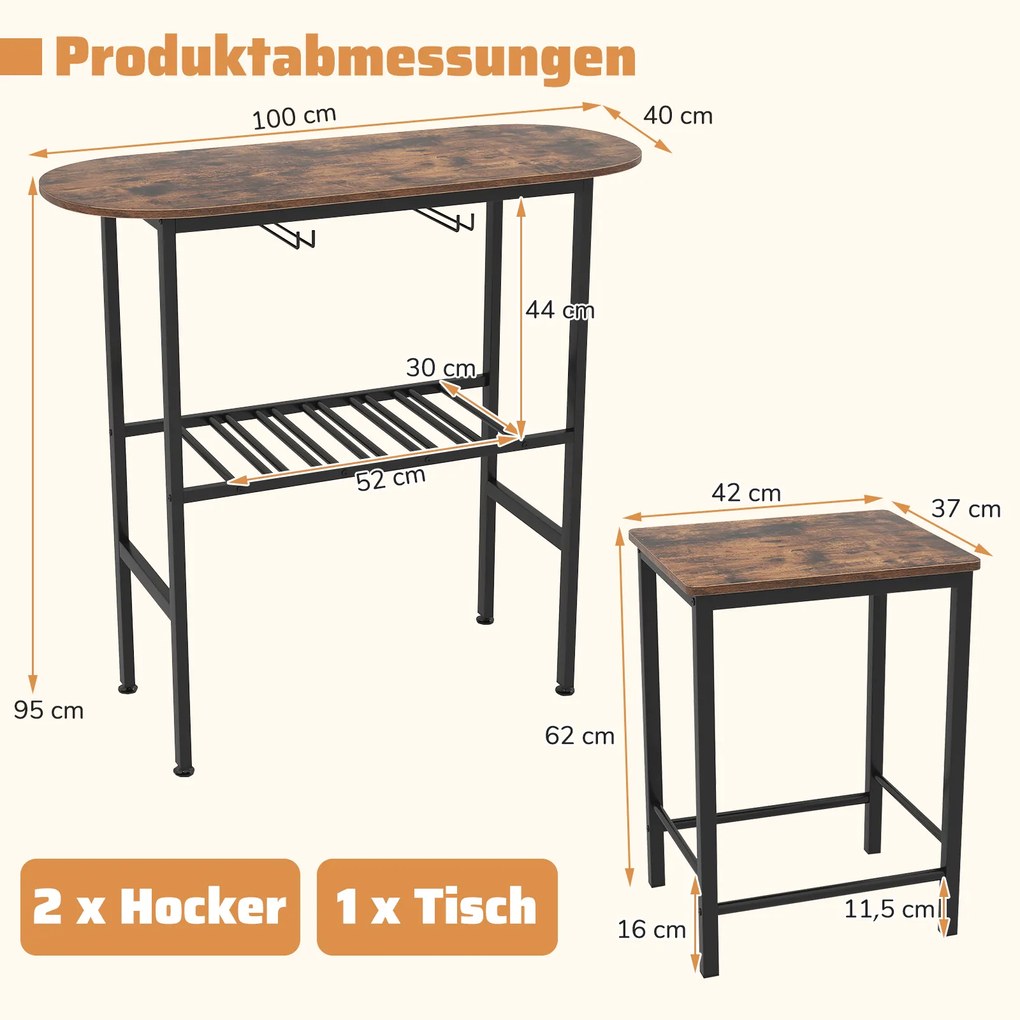 Conjunto de mesa de bar com 2 bancos com suportes para copos de vinho e garrafas, estilo vintage Castanho rústico + Preto