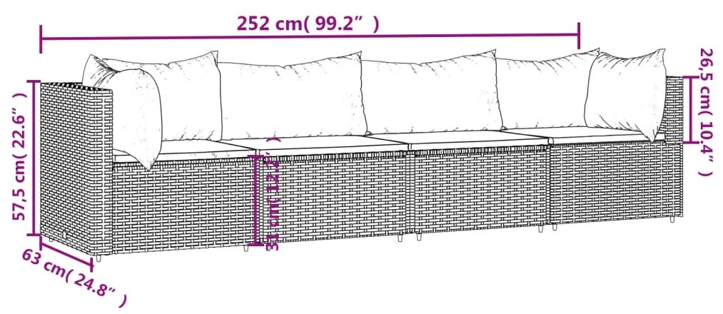 4 pcs conjunto lounge de jardim c/ almofadões vime PE preto