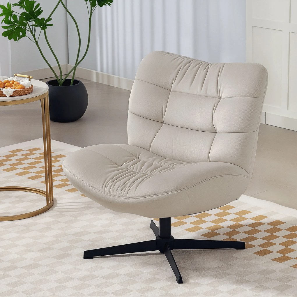 Poltrona giratória de sala, cadeira estofada em chenille sem braços, assento e encosto largos, 70 x 80 x 82 cm, creme