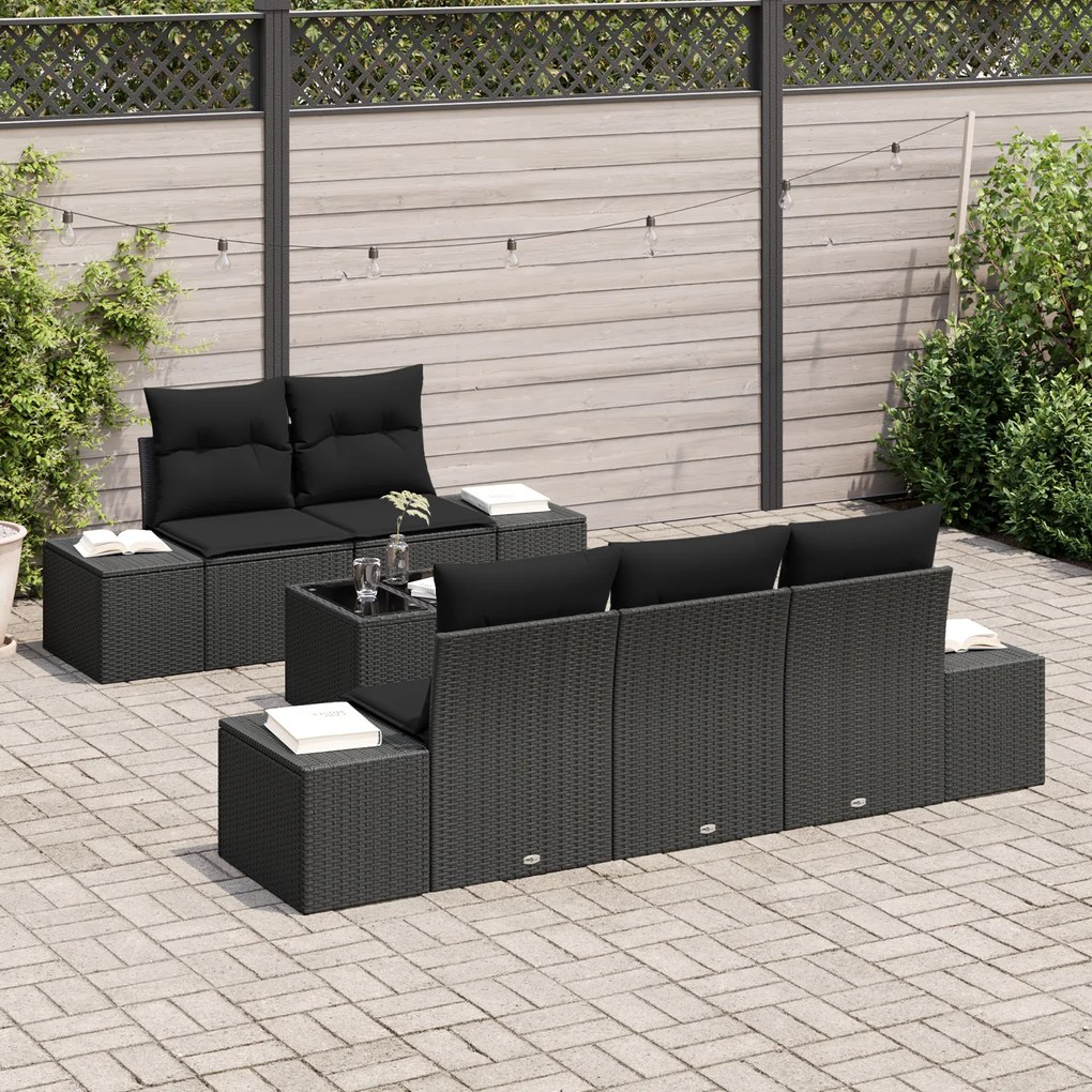 Conjunto de Sofá de Jardim de 6 Peças com Almofadas Preto Polirattan