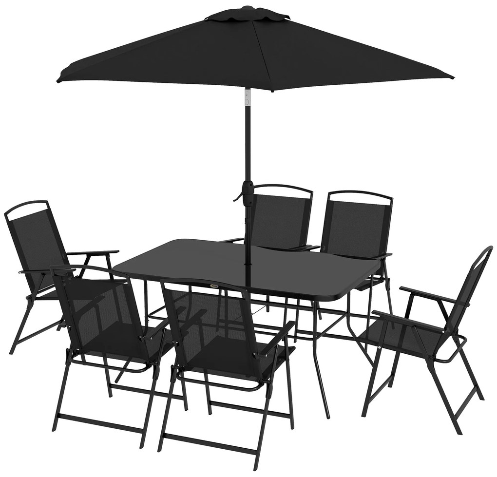 Conjunto de Jardim Refeição de 8 Peças com 6 Cadeiras Dobráveis Mesa e Chapéu de Sol Inclinável Preto