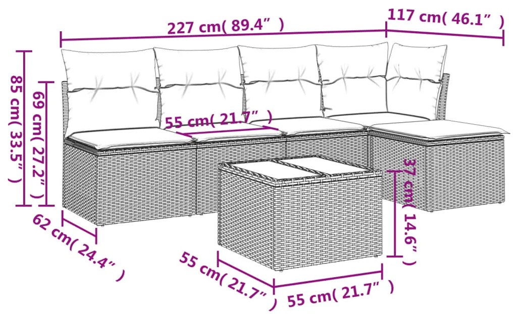 6 pcs conjunto de sofás p/ jardim com almofadões vime PE bege