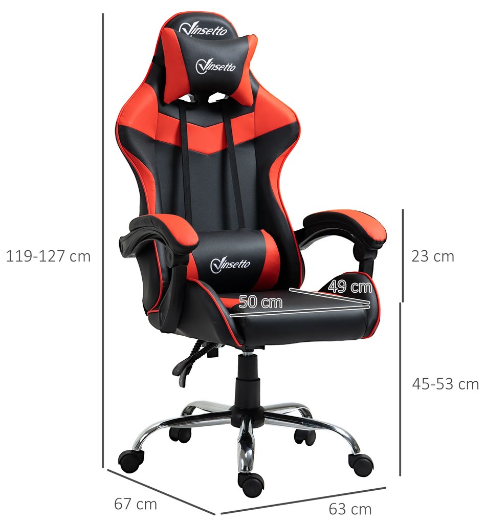 Cadeira Gaming Ergonômica Cadeira para Videojogos Reclinável com Altura Regulável Apoio para a Cabeça e Almofada Lombar 63x67x119-127cm Vermelho e Pre