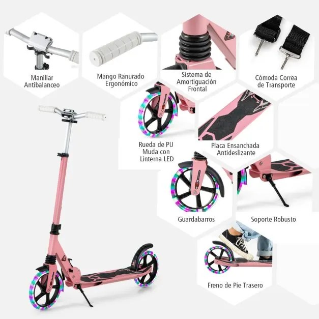 Trotinete dobrável com luzes LED para crianças Guiador com altura ajustável 93 x 43 x 91-106 cm Rosa