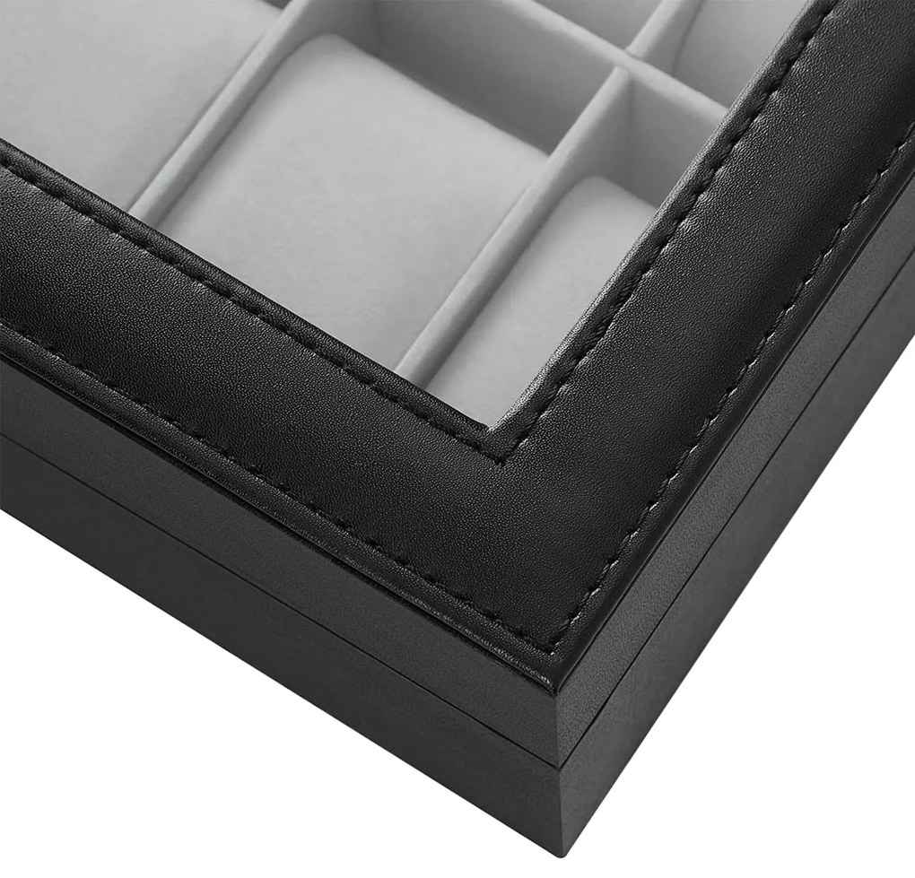 Caixa para proteger 12 relógios com tampa de vidro 32 x 18,6 x 8,5 cm preto + cinzento