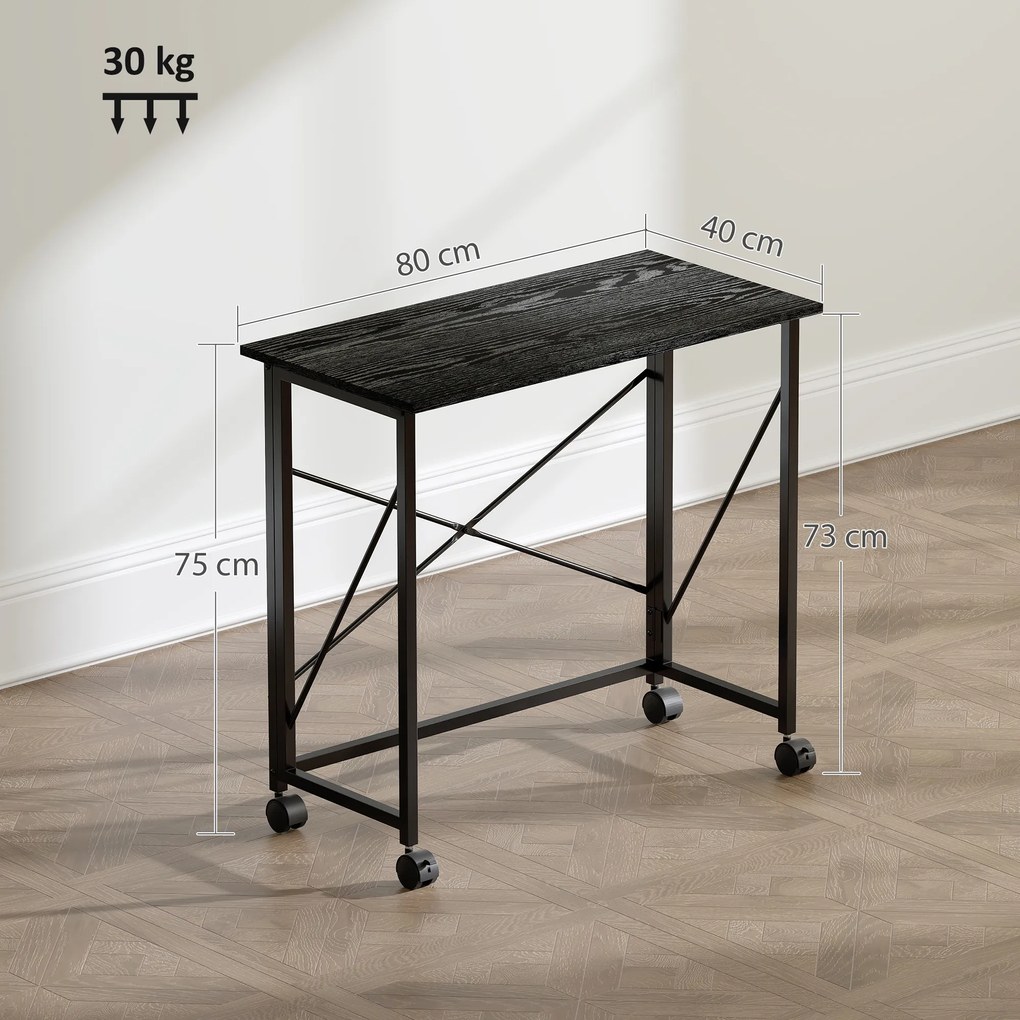 Secretária Dobrável com Rodas Mesa de Secretária Compacta Portátil para Espaços Pequenos 80x40x75 cm Preto