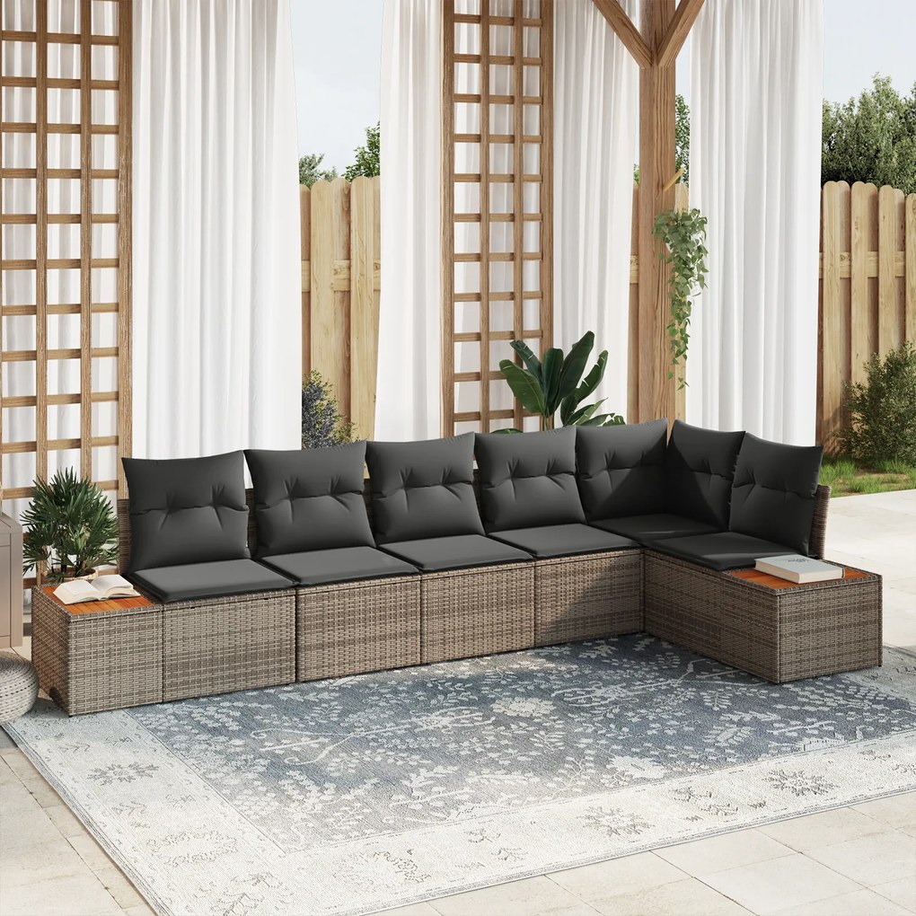 Conjunto de Sofás de Jardim vidaXL com 6 Peças e Almofadas Cinza em Rattan Poliéster Acácia