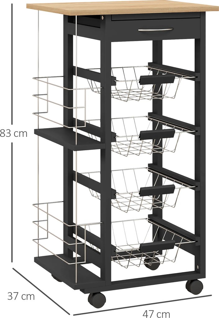 Carrinho de Cozinha com Rodas Carrinho Auxiliar com Gaveta 4 Cestas Amovíveis de Metal e Prateleiras Laterais 47x37x83 cm Preto e Madeira
