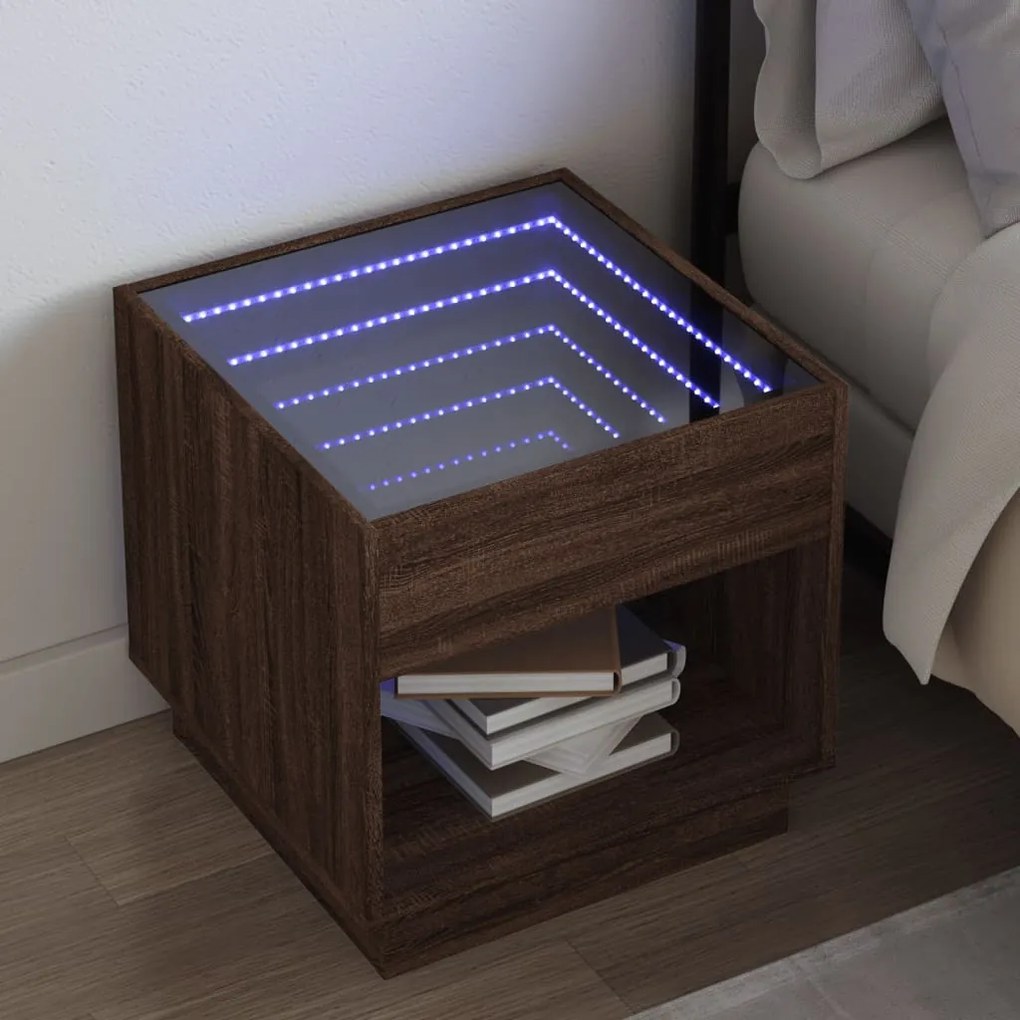 vidaXL Mesa de cabeceira c/ LED Infinity 50x50x50 cm carvalho castanho
