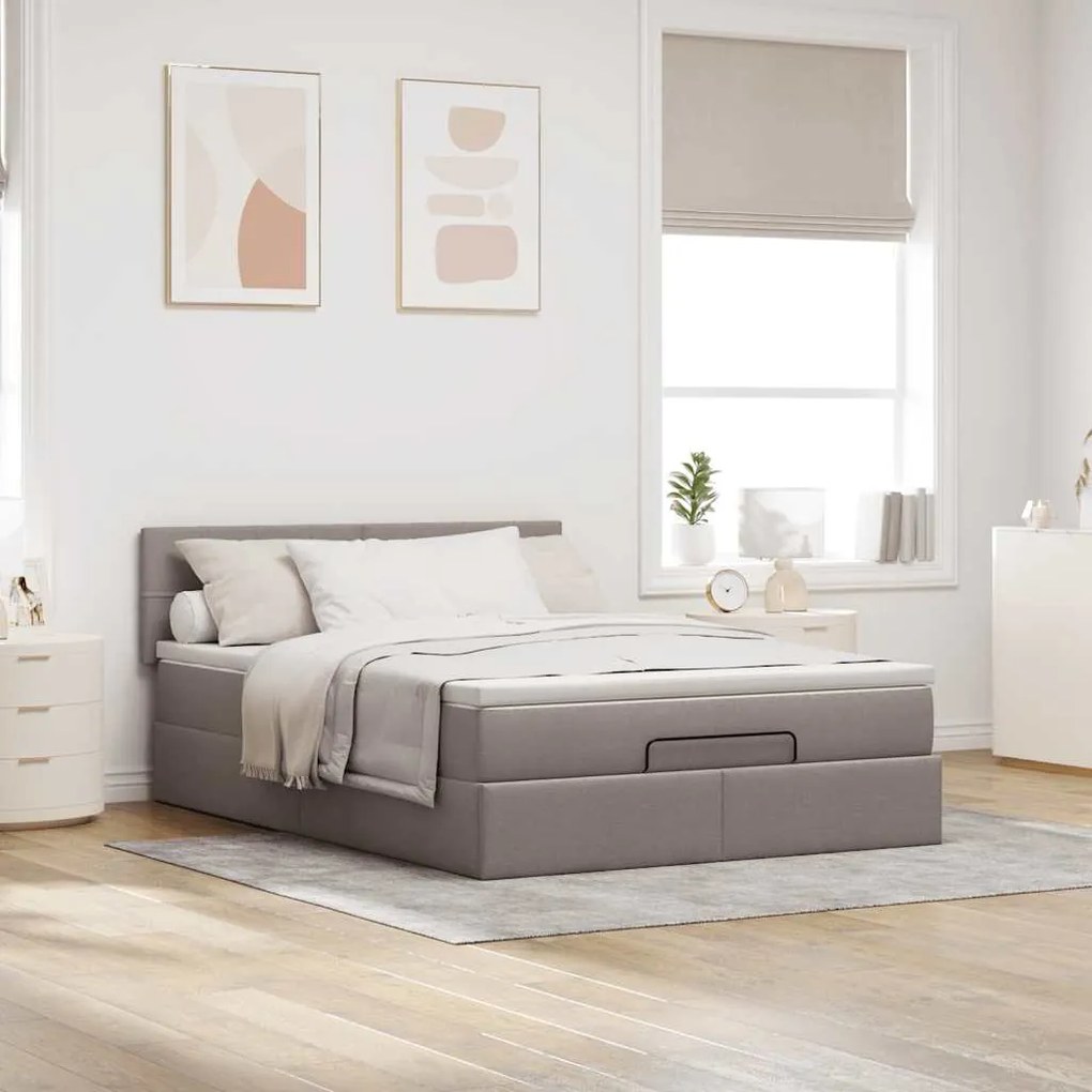 Cama Otomana com Colchão &amp; LEDs Taupe 140x200 cm Tecido