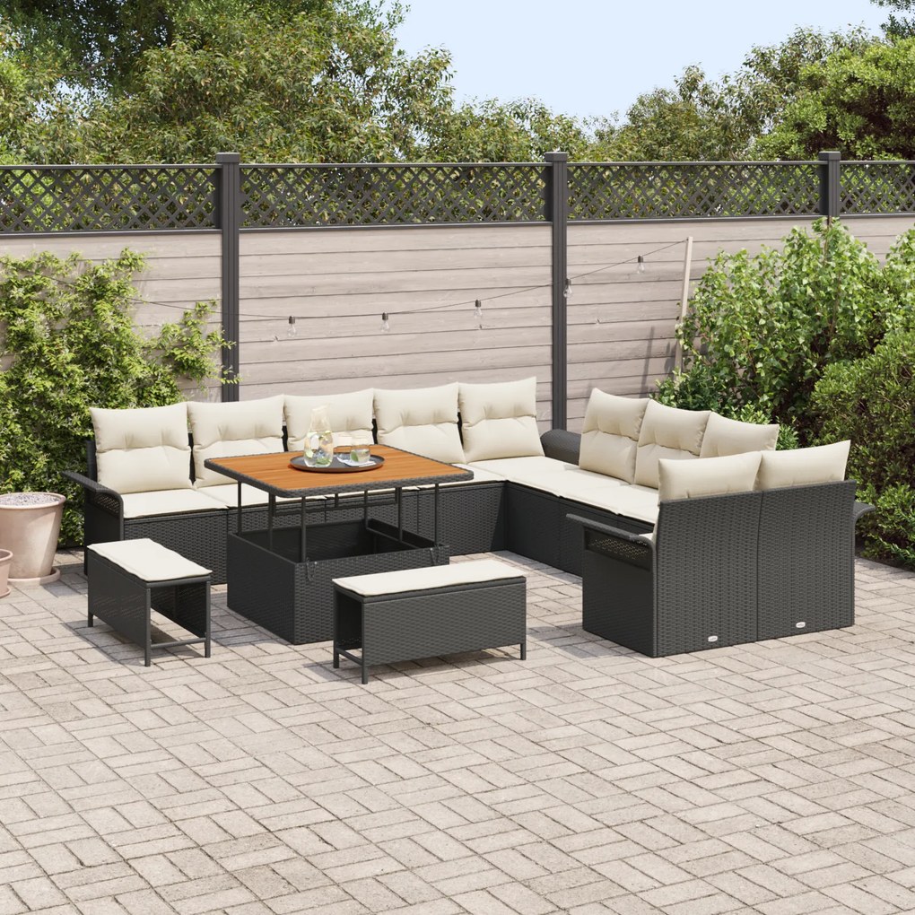 Conjunto de Sofás de Jardim vidaXL 13 Peças com Almofadas Preto Rattan