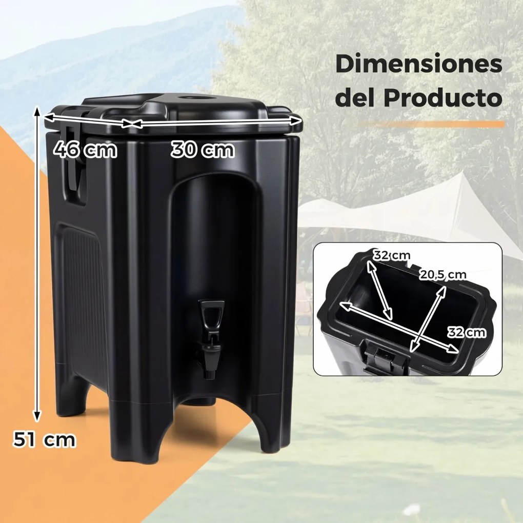 Dispensador bebidas térmico de 16,5 L com torneira antigotejamento e pega de transporte 46 x 30 x 51 cm para campismo, festas e catering Preto