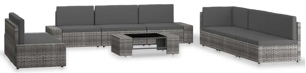 9 pcs conjunto lounge de jardim vime PE cinzento
