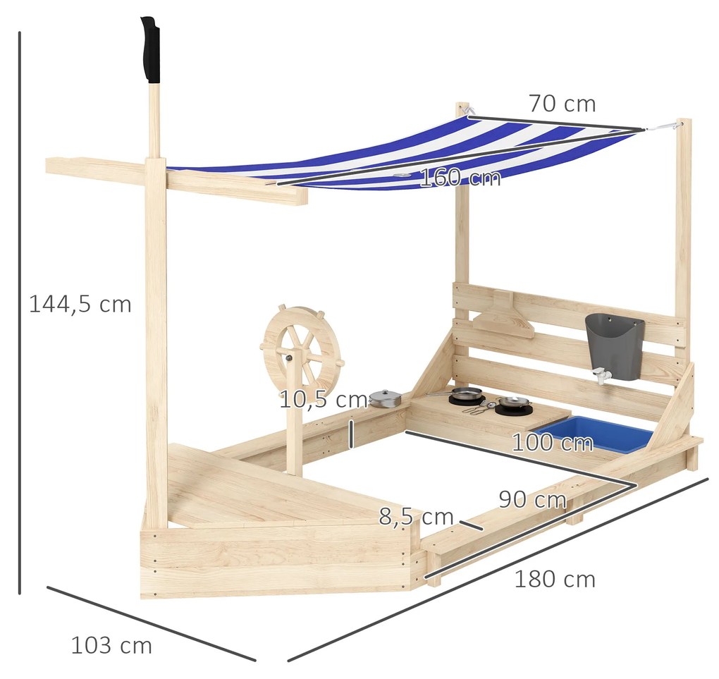 Caixa de Areia para Crianças de Madeira com Toldo Brinquedos de Cozinha e Forma de Barco para Jardim 180x103x145 cm Natural