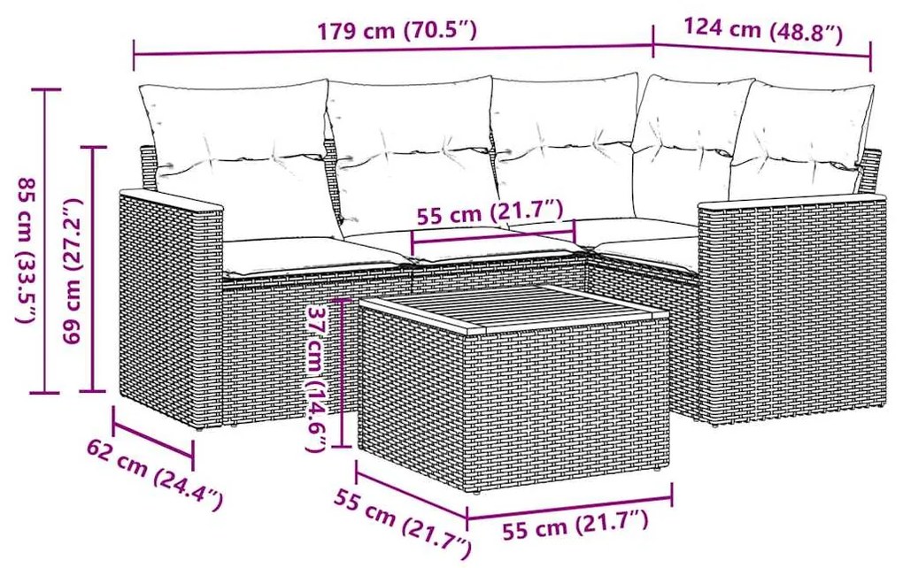 5 pcs conjunto sofás de jardim com almofadões vime PE preto