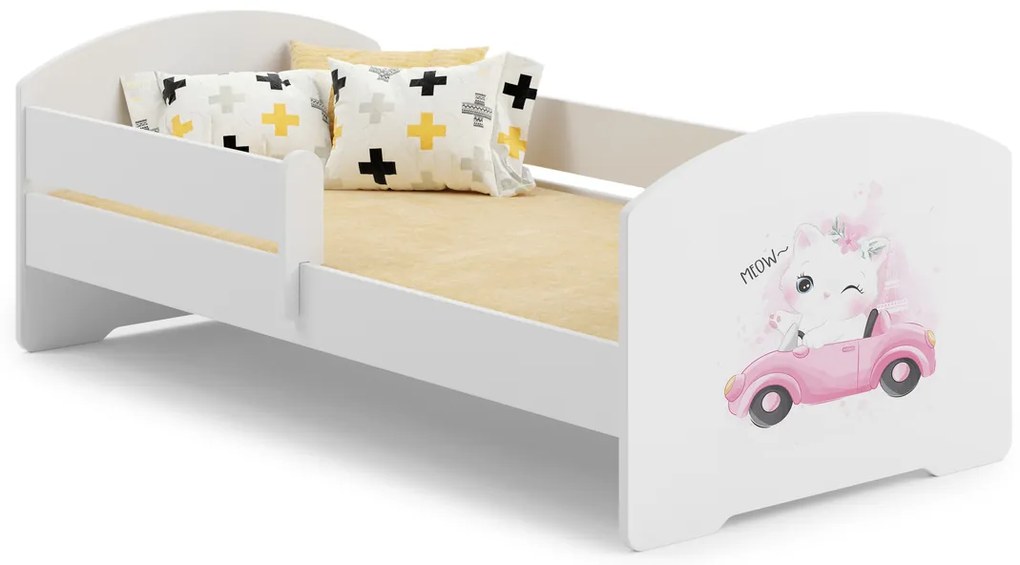 Cama infantil LUK gato rosa 160x80 branca com grades - colchão e estrado incluído