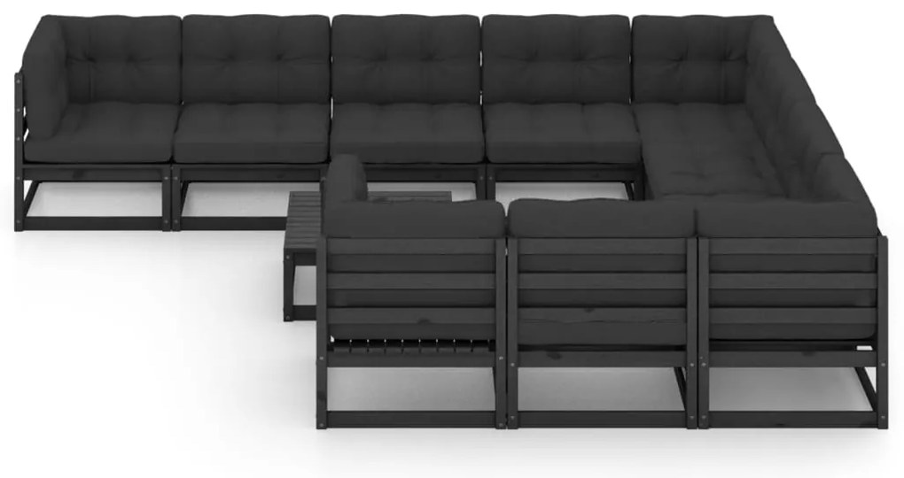 11 pcs conjunto longue jardim c/ almofadões pinho maciço preto