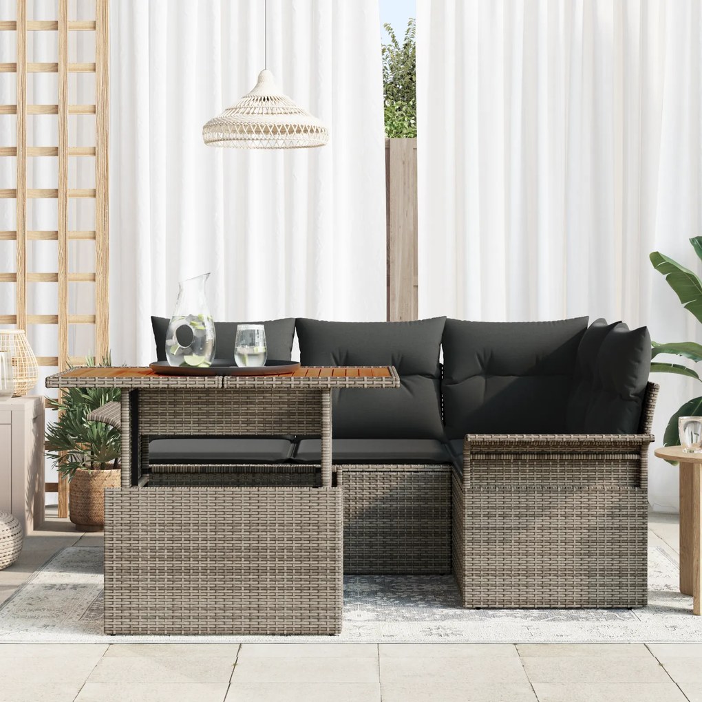 Conjunto de Sofá de Jardim vidaXL com Almofadas Cinza Vime Sintético