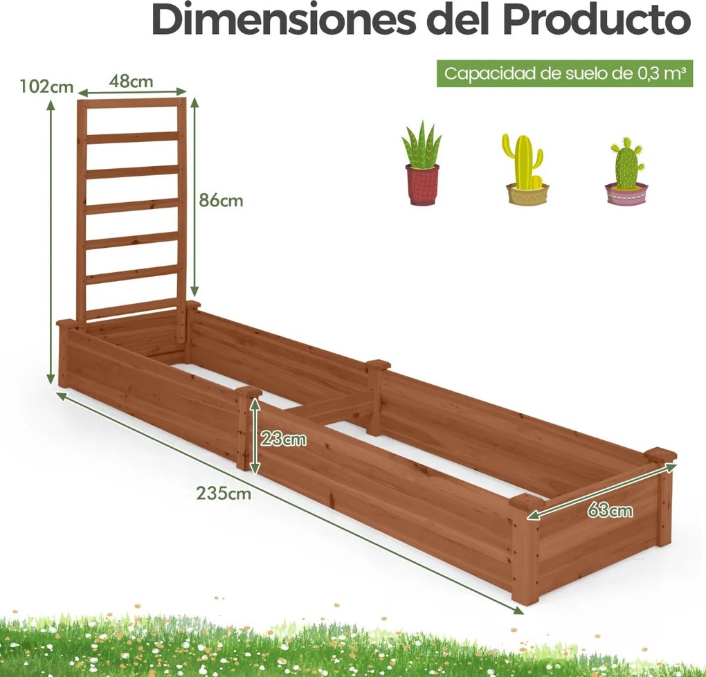 Floreira com e 1 treliça lateral de madeira para jardim 235 x 63 x 102 cm ideal para vegetais, ervas e flores, cor café