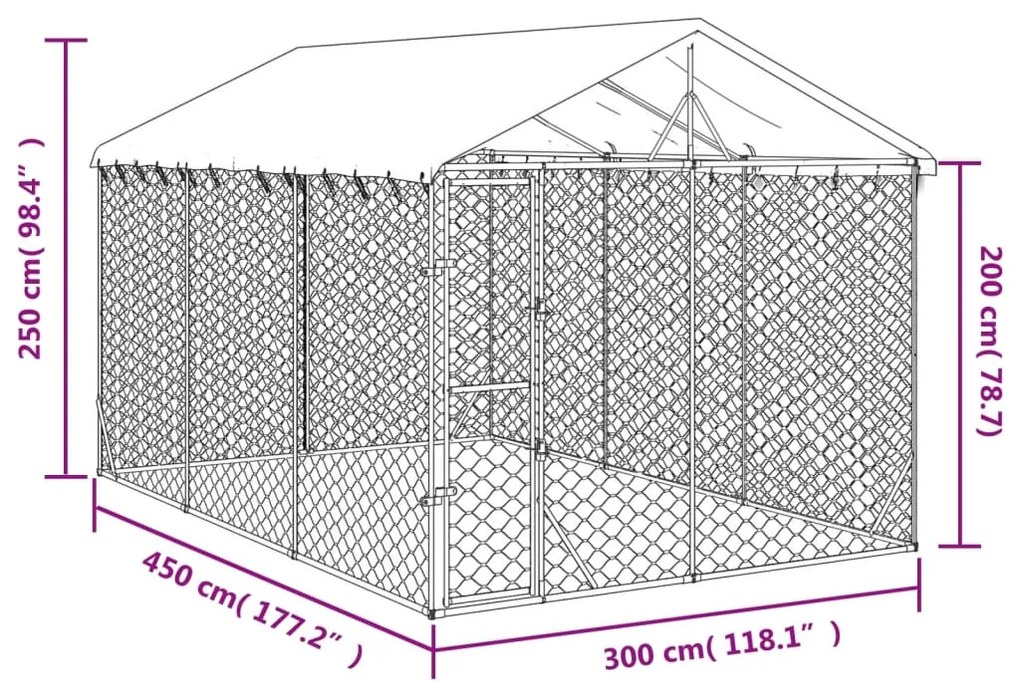 Canil de exterior com teto 3x4,5x2,5 m aço galvanizado prateado