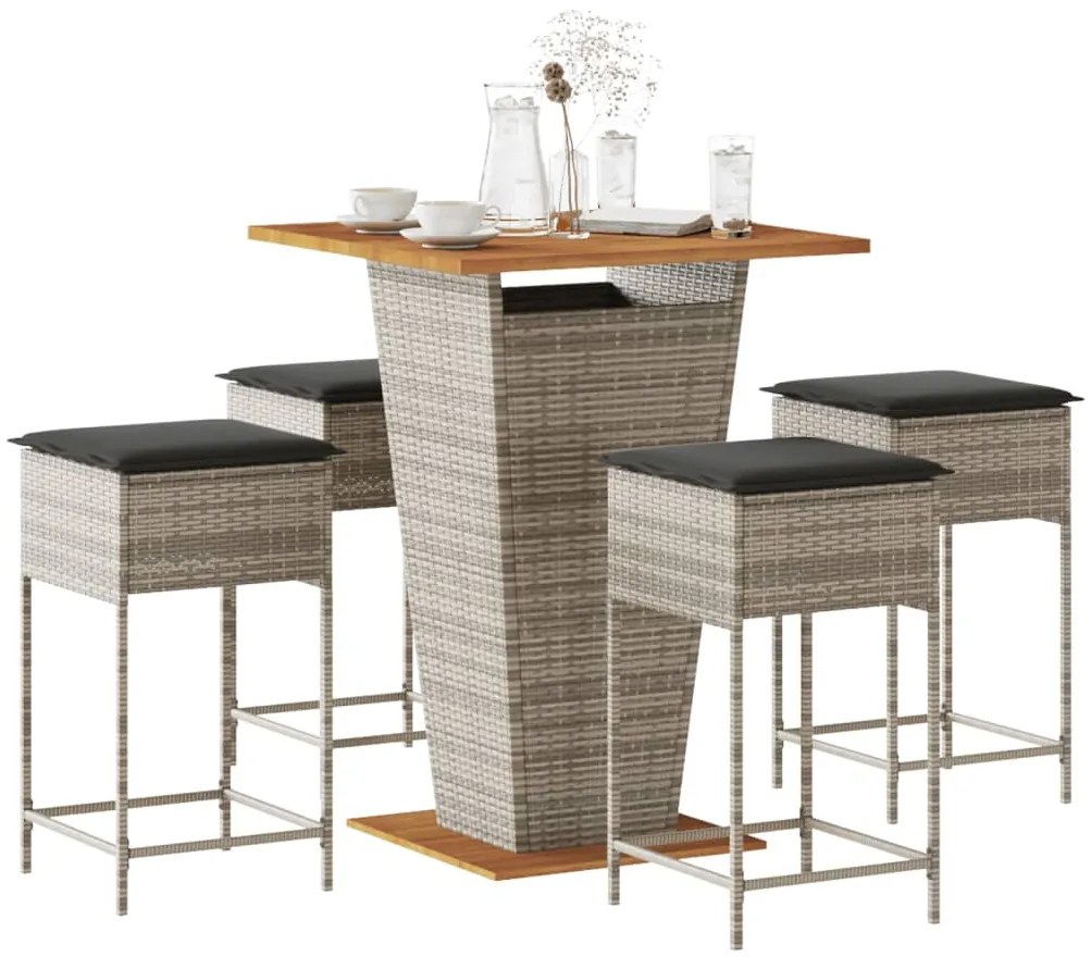vidaXL 5 pcs conjunto de bar p/ jardim c/ almofadões vime PE cinzento