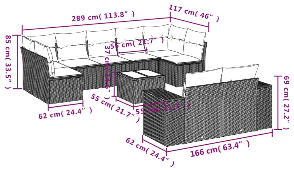 10 pcs conjunto de sofás p/ jardim com almofadões vime PE bege