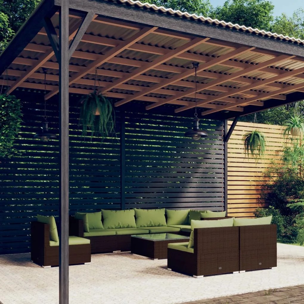vidaXL 9 pcs conjunto lounge de jardim c/ almofadões vime PE castanho