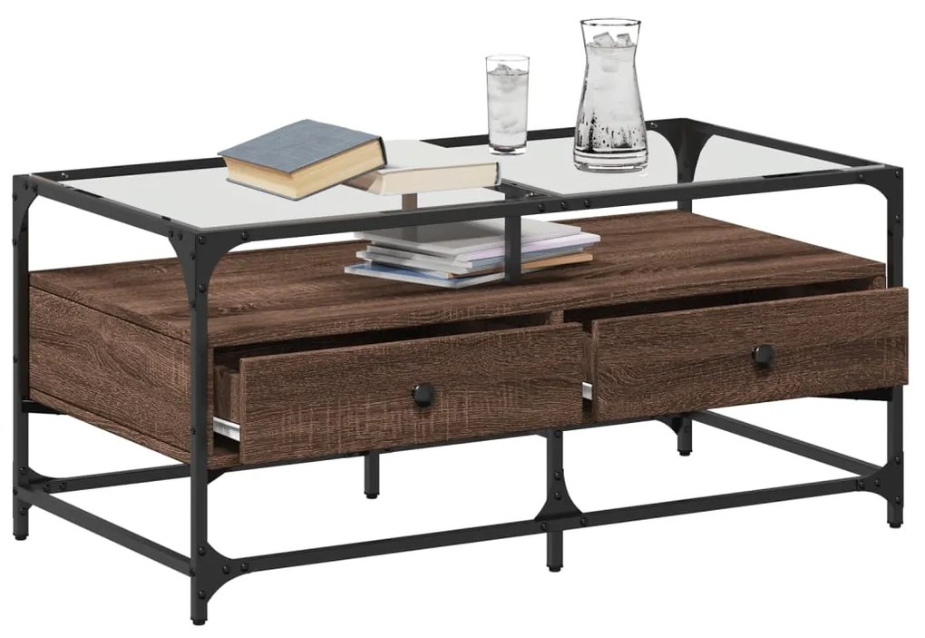 Mesa de centro c/ topo vidro 98,5x50x45cm carvalho castanho aço