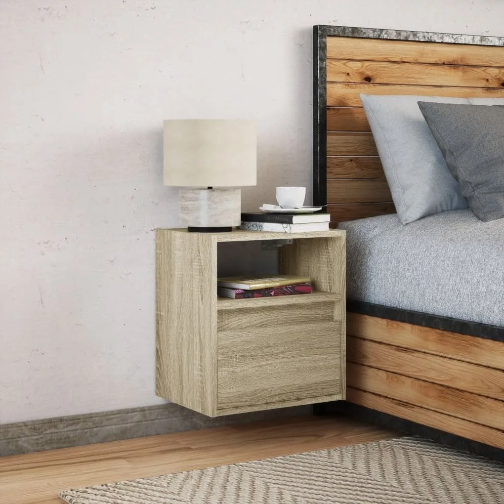 Mesa de cabeceira de parede com luzes LED carvalho sonoma