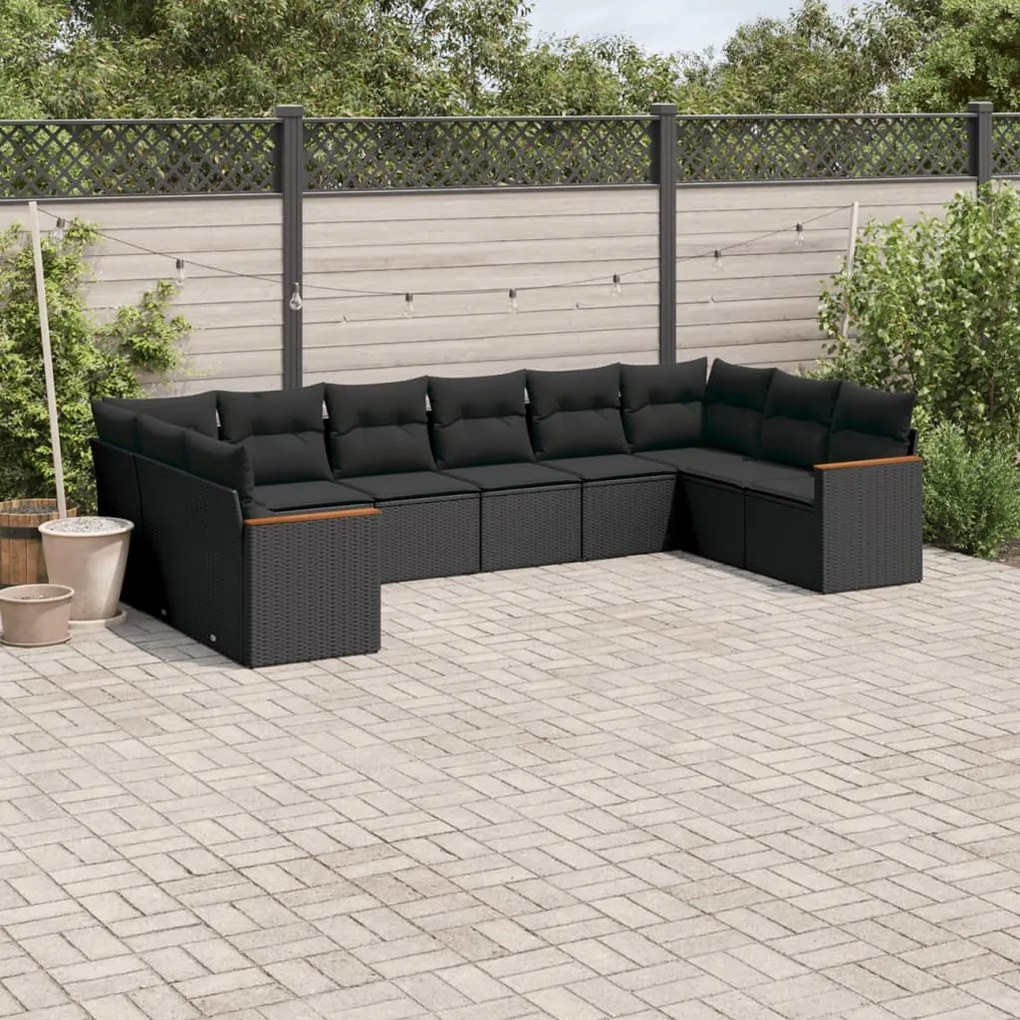 10 pcs conjunto sofás de jardim c/ almofadões vime PE preto