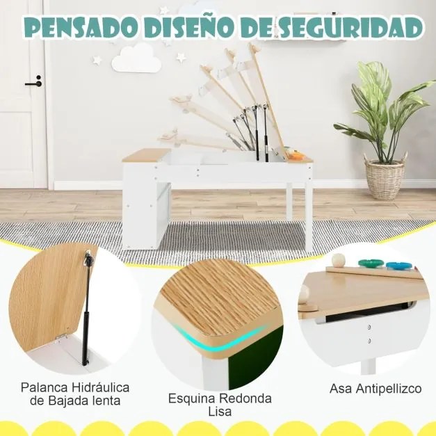 Conjunto de mesa e 2 cadeiras com cavalete para desenho, com copos para tinta e rolo de papel natural