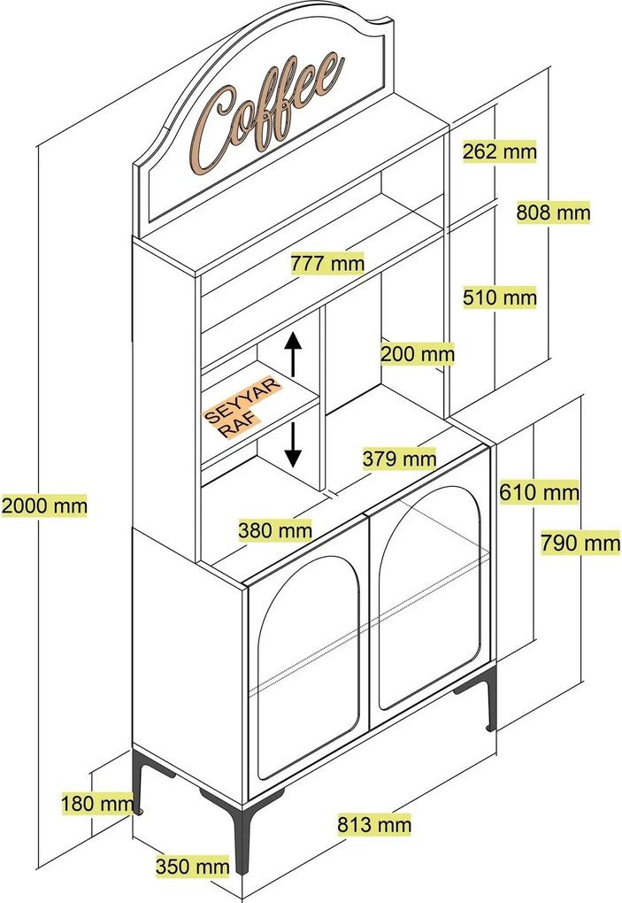 Armário de Cozinha/Sala "Caffè" - Creme e Dourado - 81.3x201x35cm - De