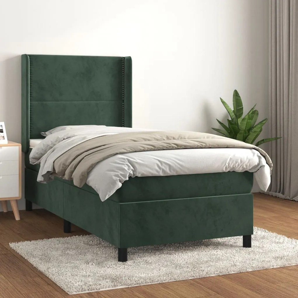 Cama com molas/colchão 90x190 cm veludo verde-escuro