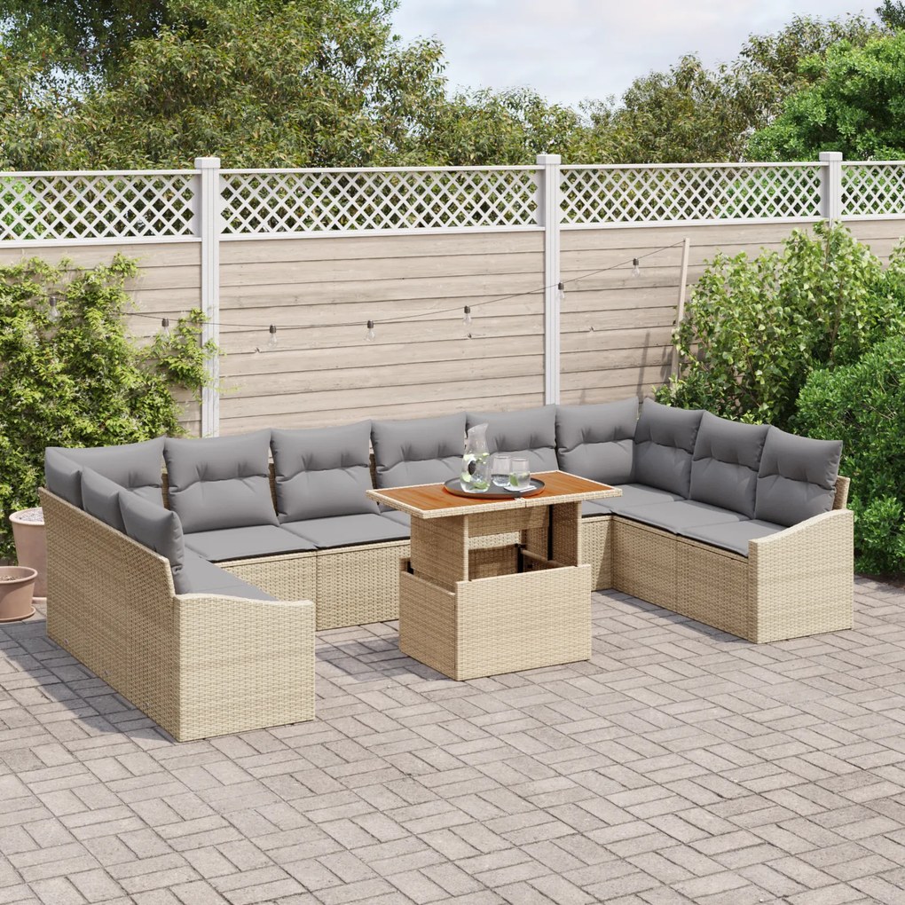 Conjunto de Sofá de Jardim de 11 Peças com Almofadas Bege Rattan Sinté