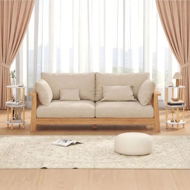 Conjunto de 2 mesas apoio redondas de bambu com 3 níveis e prateleiras de arrumação, para colocar na sala e no quarto, Branco + natural