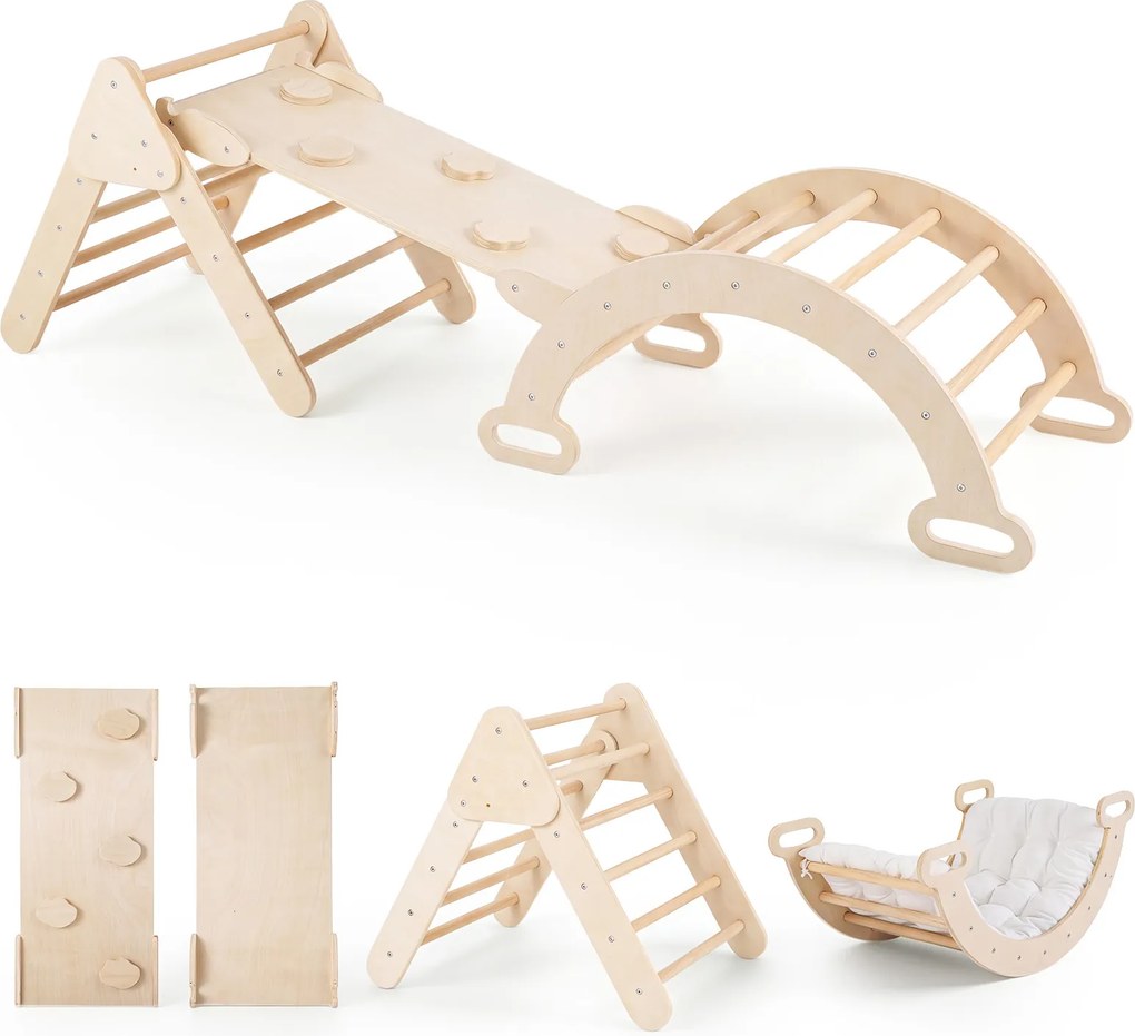 Conjunto de 3 Peças Montessori: Triângulo de Escalada, Arco e Rampa, 69 x 55 x 59 cm, Dobrável, Natural